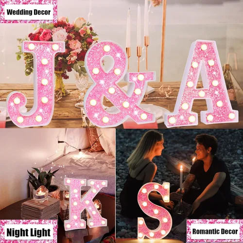 Miniatura 2 de Letras rosas iluminadas, letras del alfabeto con purpurina, letras LED de marquesina, que funcionan con pilas, para iluminar por la noche