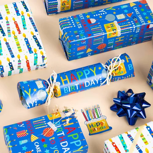 Miniatura 6 de Homeral - Rollo de papel de regalo azul para cumpleaños - Letras de "Feliz Cumpleaños" y velas coloridas, diseño reversible para baby shower