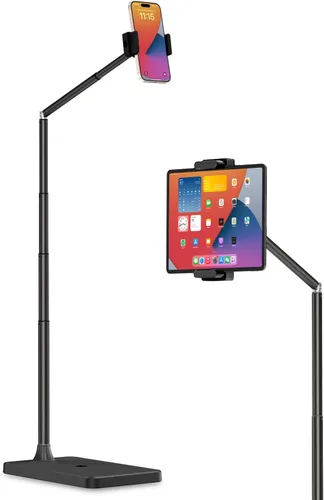 Viozon Soporte de suelo para tableta, soporte ajustable en altura y ángulo para tablet con tubo de brazo de aleación de aluminio, rotación de 360°