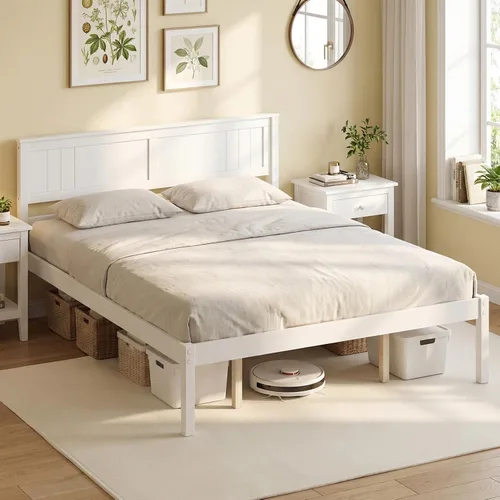 Miniatura 13 de Giantex Base de cama individual con cabecero, cama de plataforma de madera maciza con soporte de listones de madera, cama individual