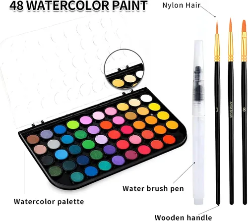 Miniatura 3 de GETHPEN Pintura de acuarela, juego de pintura de acuarela, juego de pintura de acuarela lavable de 48 colores con pincel, bolígrafo de agua Negro