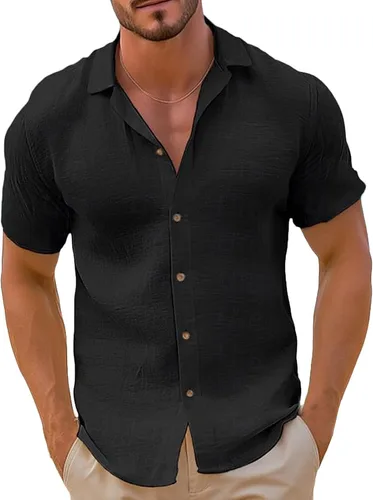 Miniatura 6 de Camisa de guayabera cubana para hombre, estilo casual, con botones, de manga corta, para verano, playa, hippie, color sólido, tops de trabajo