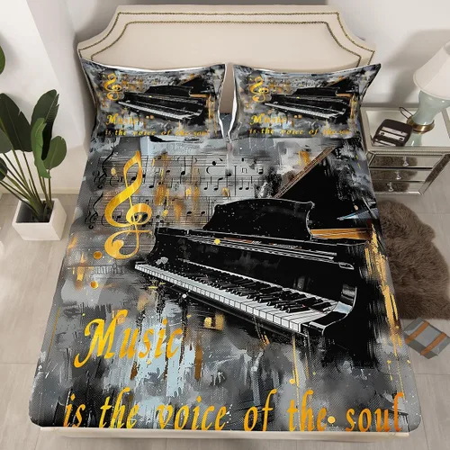 Miniatura 2 de Homewish Juego de sábanas de música de piano, tamaño Queen, juego de ropa de cama de notas musicales de 4 piezas para decoración de habitación