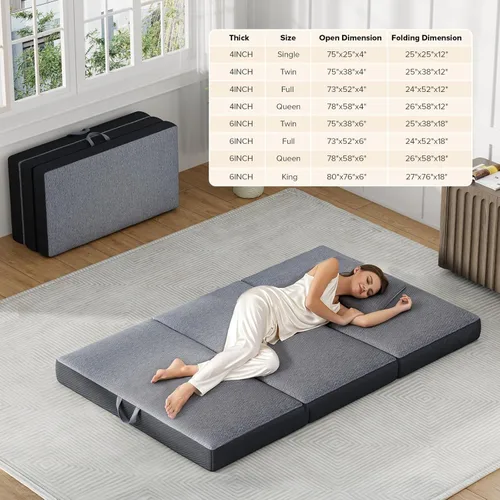 Miniatura 2 de Colchón triple tamaño Queen de 4 pulgadas – Colchón plegable de espuma viscoelástica para campamento, viajes, casa rodante, cama de invitados