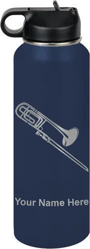 Miniatura 67 de LaserGram Botella de agua personalizada, trombón, acero inoxidable de doble pared aislada al vacío con popote superior, regalo grabado personalizado