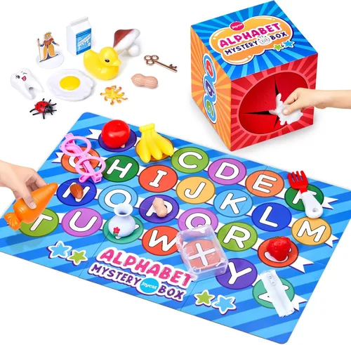 JoyCat Caja misteriosa del alfabeto para niños, 26 piezas de clasificación de letras a juego, actividades, sonidos de letras, juguetes de