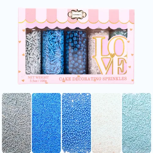 Miniatura 52 de Confect Gránulos Sea Paradise Mezcla de grageas blancas y perla azul marino Jimmies azul marino Azúcar brillante de bronce Gránulos