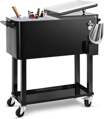 Carrito de hielera rodante de 80 cuartos de galón, carro enfriador para patio, bar de bebidas para fiestas en el patio trasero, con soporte de Negro