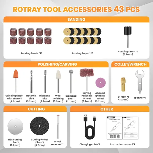Miniatura 5 de HARDELL Kit de herramientas rotativas inalámbricas de 12 V con 43 accesorios, 6 velocidades (10000-25000 RPM), batería extraíble de 1500 mAh, largo