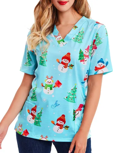 Miniatura 3 de Camisa de cuello en V con estampado de Navidad, muñeco de nieve azul claro