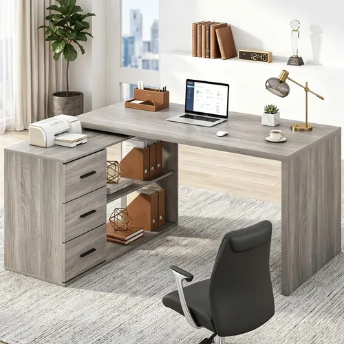 Miniatura 11 de HSH Escritorio Blanco en Forma de L con Cajones y Estantes, Escritorio de Esquina para Oficina en Casa en Forma de L con Gabinete de Almacenamiento