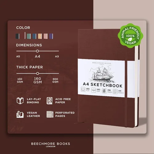 Miniatura 2 de BEECHMORE BOOKS Sketch Book, A4 8.5 x 11.5 inch Blank Sketchbook for Drawing, Paint and Draw, 156 Pages Thick Paper 160gsm, Hardcover Leather Art
