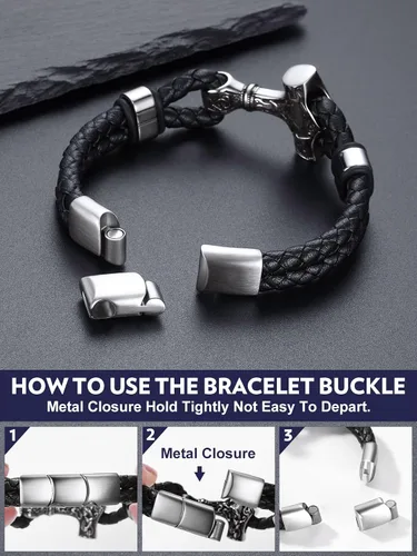 Miniatura 3 de Bandmax Pulsera trenzada de cuero negro para hombre con colgante gótico punk, pulsera de cuero con hebilla de acero inoxidable, paquete de regalo