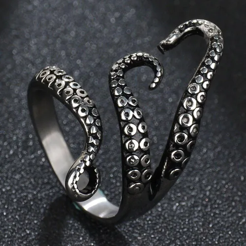 Miniatura 3 de Weelovee Anillo de pulpo antiguo punk de acero de titanio 316L para hombre y mujer, tamaño ajustable, diseño de joyería, unisex, plateado, Metal