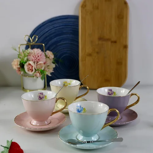 Miniatura 2 de Taza y platillo de café estilo europeo, juego de 4 tazas de café de porcelana para el hogar, cocina, fiesta de té (4 colores/juego surtido)