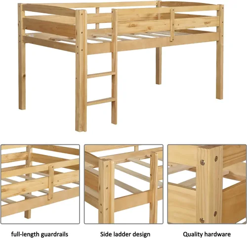 Miniatura 4 de Cama alta baja para niños, cama alta junior con escalera, cama alta de madera individual para niñas y niños, no necesita somier, nogal