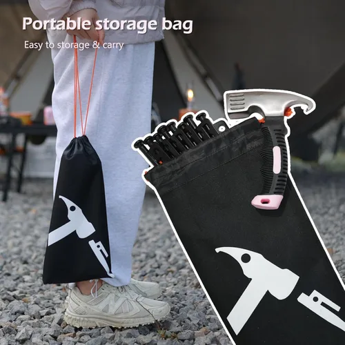 Miniatura 5 de Juego de 8 estacas para tienda de campaña y martillo de campamento, de metal resistente, ligero, con kit de martillo pequeño, para mujer, mazo