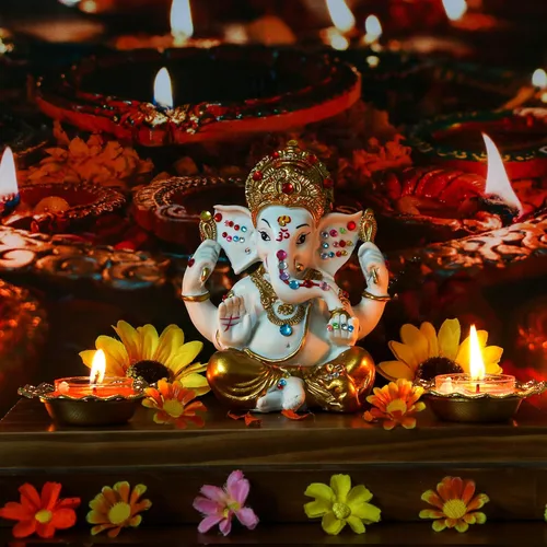 Miniatura 3 de alikiki Estatua de ídolo hindú de Dios Ganesha – 5.6 pulgadas de alto, tono dorado, dios indio Señor Ganpati Murti para decoración de Diwali Pooja