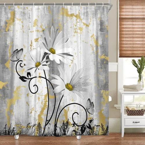 Miniatura 4 de Cortina de ducha rústica de granja, margaritas amarillas y grises con mariposa sobre fondo de madera campestre para baño, gris y blanco con 12