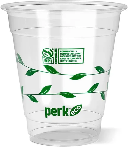 Perk Staples Vaso frío plástico compostable, 12 onzas, transparente/verde, 300/cartón (PK56195)