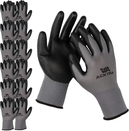 Miniatura 13 de ACKTRA - Guantes de trabajo de seguridad ultrafinos recubiertos de poliuretano, 12 pares, WG002, color negro/negro, talla L