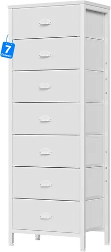 Miniatura 10 de Furnulem - Cómoda alta blanca para dormitorio, unidad de almacenamiento vertical y mesa auxiliar con 6 cajones de tela, mueble de mesita de noche