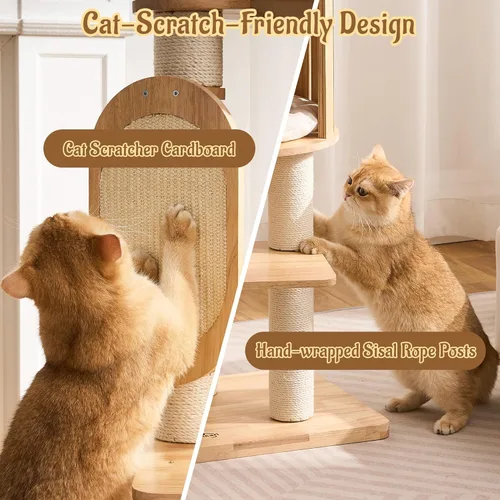 Miniatura 5 de Árbol Moderno de Madera Maciza para Gatos Adultos Grandes de Interior, Torre para Gatos de 50 Pulgadas de Alto con Postes Rascadores de Sisal, 50.0