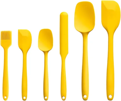 Juego de 6 espátulas de silicona resistentes al calor, diseño sin costuras de una sola pieza para raspar, cocinar, hornear, mezclar amarillo