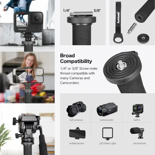 Miniatura 4 de Monopod extensible de aluminio para cámara con cabezal fluido y base de trípode plegable para cámara DSLR. Altura máxima de 58 pulgadas. Carga útil