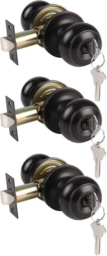 Gobrico Juego de cerradura redonda de 3 llaves iguales para puerta de entrada, bronce aceitado Bronce frotado con aceite