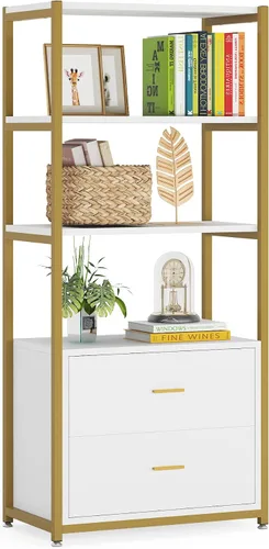 Miniatura 8 de Tribesigns Estantería, Estantería de 4 Niveles con 2 Cajones, Etagere Estantes Estándar para Libros Estante de Exhibición para Oficina en Casa