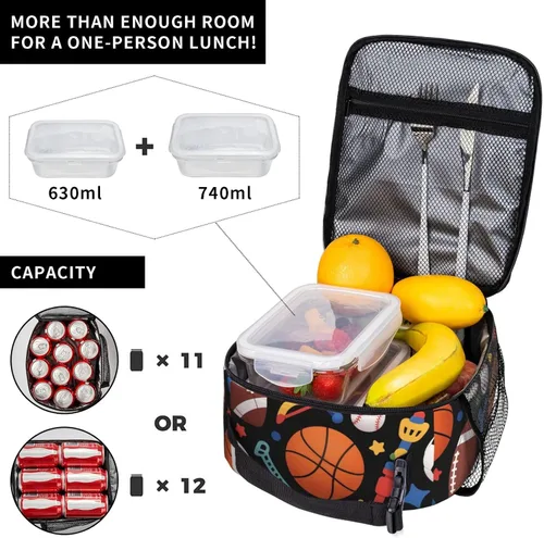 Miniatura 3 de Bolsa de almuerzo divertida para niños con pelotas deportivas, bolsa reutilizable para baloncesto, fútbol, fútbol americano y béisbol, lonchera