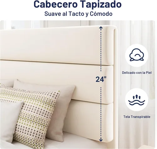 Miniatura 4 de Allewie Base de cama de plataforma tamaño Queen con cabecera tapizada de terciopelo y soporte de listones de madera, base de colchón totalmente Crema