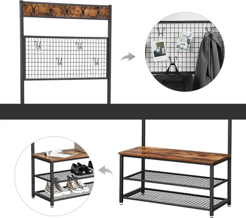 Miniatura 5 de VASAGLE UHSR46BX - Perchero industrial, estante para zapatos con tablero de notas de rejilla, 9 ganchos y estantes de almacenamiento, para pasillo