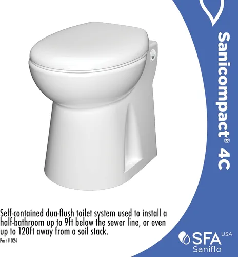 Miniatura 2 de SFA SANIFLO - Sanicompact - Inodoro macerante de doble descarga 4C - Solución de medio baño que ahorra espacio - Asiento de inodoro de cierre suave