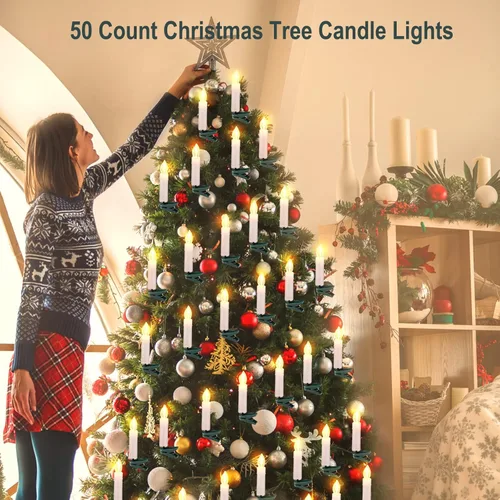 Miniatura 4 de Minetom Tira de luces de vela de Navidad, 48 pies, 50 luces LED para interiores y exteriores, luces de vela sin llama conectables con clips
