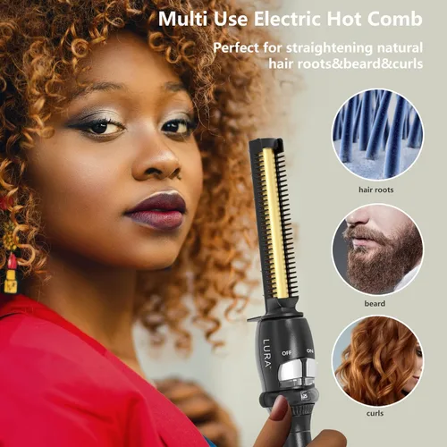 Miniatura 5 de Lura Alisador profesional de raíces/borde, peines de prensado de 200-500 °F para cabello negro, peine caliente eléctrico para mujeres de cabello