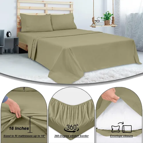 Miniatura 5 de ROYALE LINENS Juego de sábanas de 300 hilos de 100 % algodón peinado de fibras largas, 4 piezas, 1 sábana bajera, 1 encimera y 2 fundas de almohada