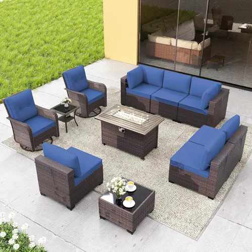 Miniatura 16 de Gotland Juego de muebles de patio de 8 piezas con mesa con fogón, muebles de ratán para exteriores para todo tipo de clima con respaldo alto de 2