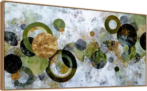 JLXART Lienzo abstracto enmarcado, arte para la pared, moderno círculo verde dorado y negro, pintura colorida, obra de arte texturizada, lista para
