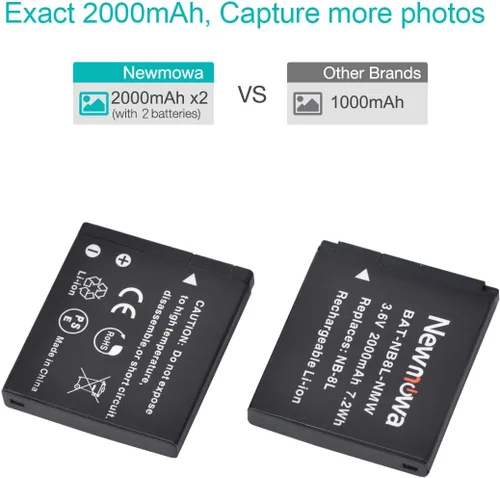 Miniatura 3 de Newmowa Batería de repuesto NB-8L (paquete de 2) y kit de cargador para NB-8L, CB-2LA y PowerShot A2200, A3000 es, A3100 es, A3200 es, A3300 es