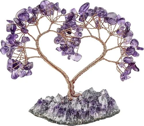 SUNYIK Árbol de cristal curativo hecho a mano con base de amatista natural, árbol de dinero Fengshui de corazón de amor para decoración de oficina y