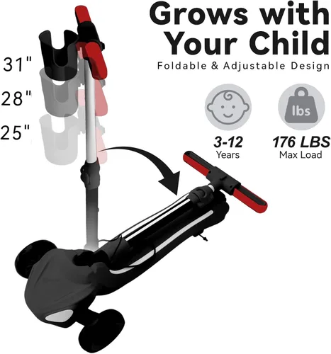 Miniatura 6 de Patinete eléctrico de 3 ruedas para niños de 3 a 10 años, con cesta de almacenamiento, pantalla LCD, luces de cuerpo completo, cubierta ancha, L