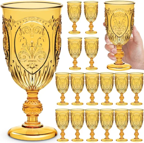 Wiwiqing Paquete de 18 Copas de Plástico de 10oz Copas de Agua Vintage Mejoradas Vasos de Vino de Plástico de Colores Cristalería Retro en Relieve