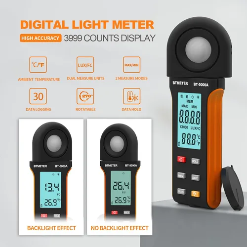 Miniatura 2 de BTMETER Light Lux Meter Logger BT-5000A, probador digital de lúmenes de medición de nivel de iluminación Intensidad 0.1 ~ 400.000 Lux(0.1 ~ 40.000
