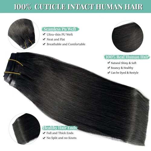 Miniatura 4 de Extensiones de cabello con clip sin costuras de cabello humano real, extensiones de cabello natural negro real con clip 7 piezas 100 g 36 cm