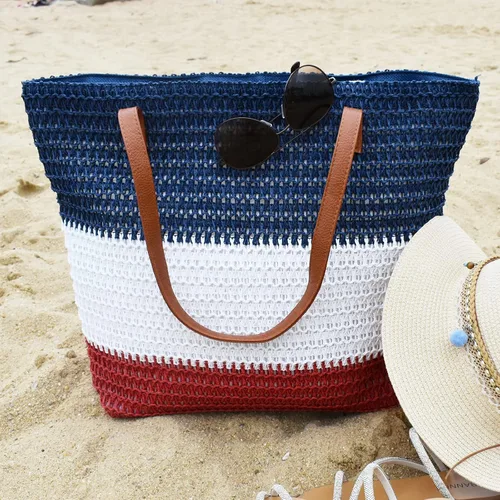 Miniatura 89 de Bolso grande de paja para mujer, tejido de ratán, bolso de playa de verano, a rayas