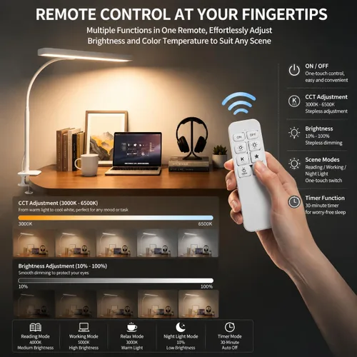 Miniatura 2 de Lámpara de escritorio LED para oficina y hogar, lámpara para el cuidado de los ojos con función de control remoto de 10 metros, 5 modos, 10 niveles
