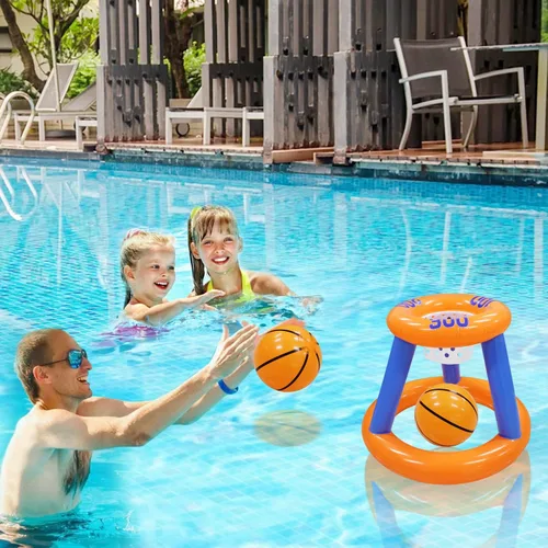 Miniatura 6 de Juego de juguetes de piscina, aro de baloncesto inflable para piscina, juego de lanzamiento de anillos cruzados y cactus inflables para niños