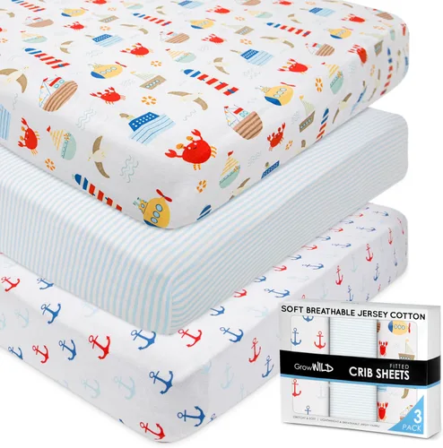 Miniatura 10 de GROW WILD Blue Ocean - Sábanas de cuna para niños (paquete de 3), sábana bajera ajustable de punto de jersey (52 x 28 pulgadas), juego de ropa